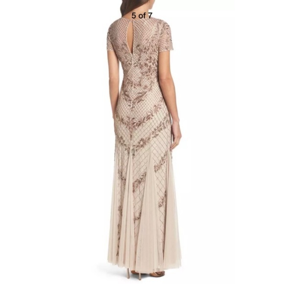 NWT $379 Adrianna Papell Beaded‎ Mesh Mermaid Gown Floral Biscotti [SZ 8 ] - Picture 9 of 12